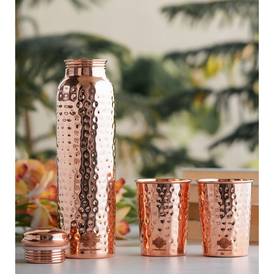 Pure Copper Hammered Leak Proof Water Bottle & Two Glass