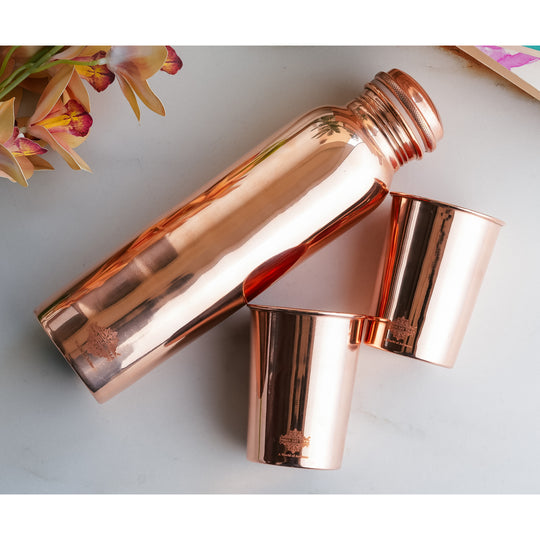 Pure Copper Glossy Look Leak Proof Water Bottle & Two Glasses with a Gift Box