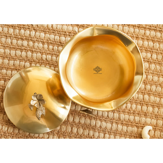 Brass Decorative Handi with Lid Neck Ribbon Bow Design  3 Legs