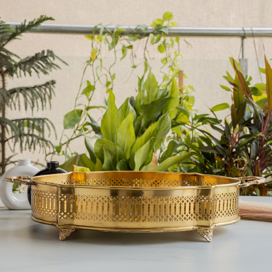 Handmade Pure Brass Matt Oval Embossed Tray - Servware & Tableware