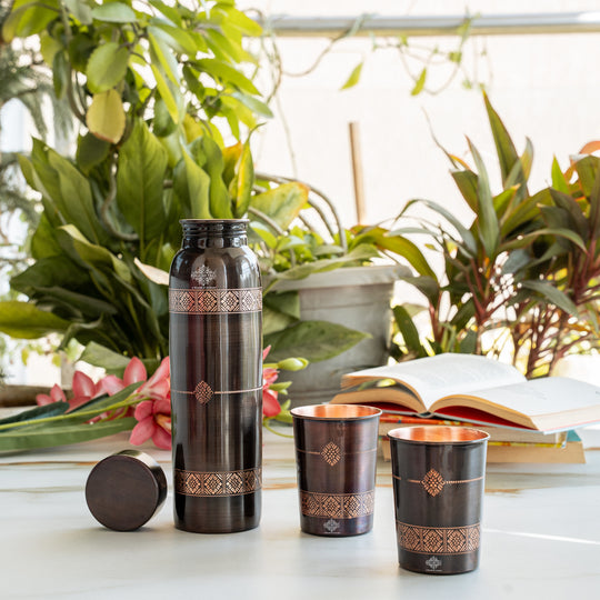 Pure Copper Drinkware Gift Set- Antique Finish Embossed Design