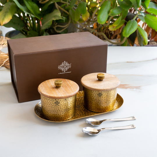 Hammered Aluminium Condiment Bowl Set with Wooden Lid and Brass Spoons
