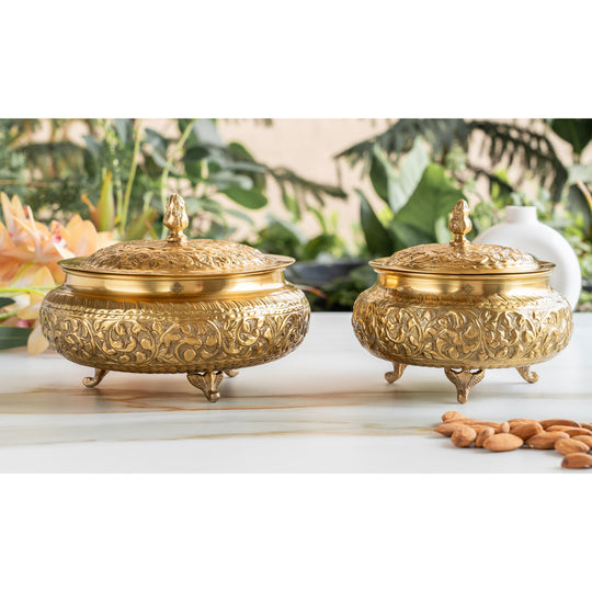 Designer pital ki handi by Indian Art Villa featuring floral embossed lid rounded base and elegant three legged structure