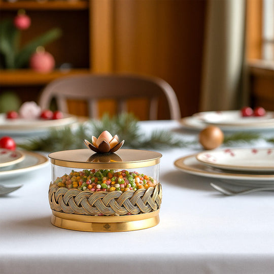 Brass Decorative Multipurpose Bowl with Lid & Lotus Design Knob