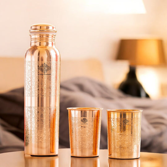 Premium embossed copper bottle set 900ml with 275ml tumbler, tamra water bottle for health, home, office and gifting