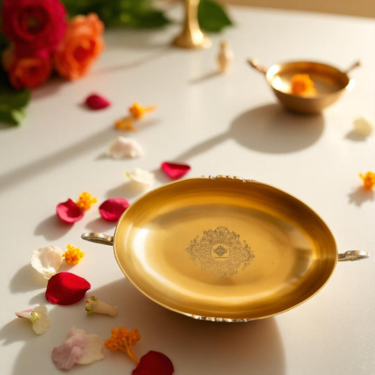 Brass Bowl Embossed Design With Decorative Style Handle