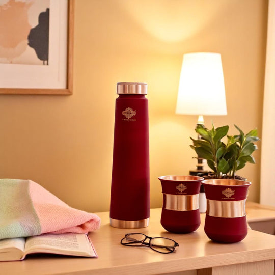 Pure Copper Drinkware Gift Set Red Color Bottle & Two Glasses With Silk Finish Design