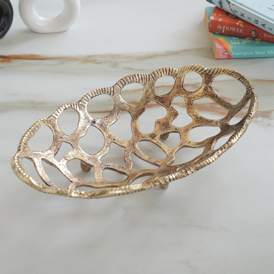Brass Finish Oval Shape Hollow Design Tray/Fruit Basket
