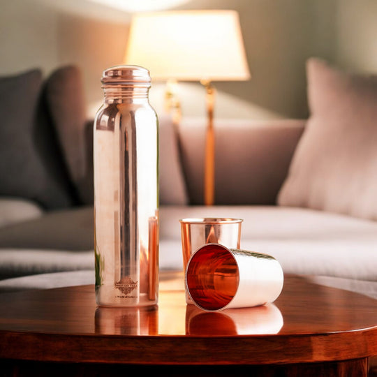 Pure Copper Glossy Look Leak Proof Water Bottle & Two Glasses with a Gift Box