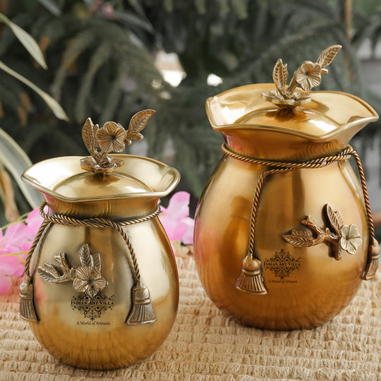 Brass Decorative Handi with Tie Design on Neck and Flower Design Lid