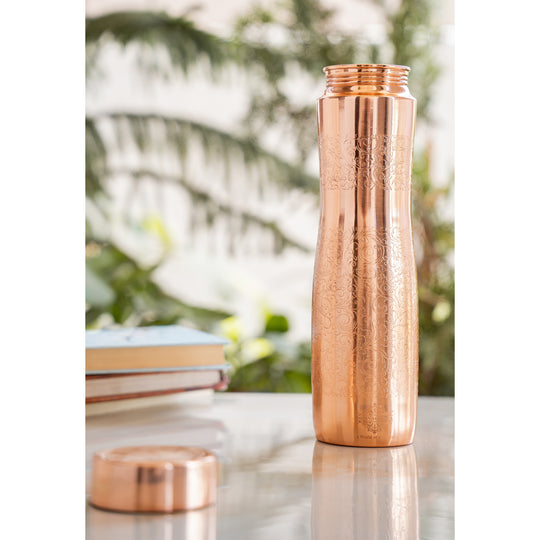 Copper Bottle with Curved Shape & Lacquer Embossed Design – 900ml