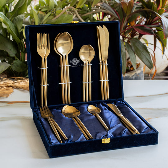 Indian Art Villa Brass Matt Finish 24 Pcs Cutlery Set with Velvet Box for Dining, Hosting & Gifting