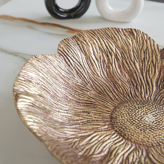 Brass Finish Sunflower Design Tray 13.5 Inches