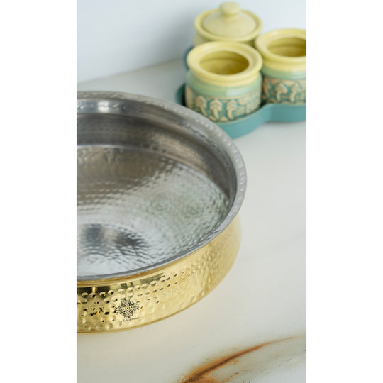 Strong brass lagan handi handmade with hammered brass construction polished golden shine and tin coated inside by Indian Art Villa