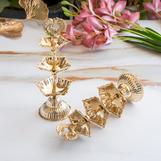 Brass Three-Tier Pillar Diya Set Of 2