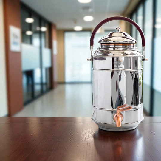 5 litre copper matka with tap as office water station at yoga studio – copper water dispenser