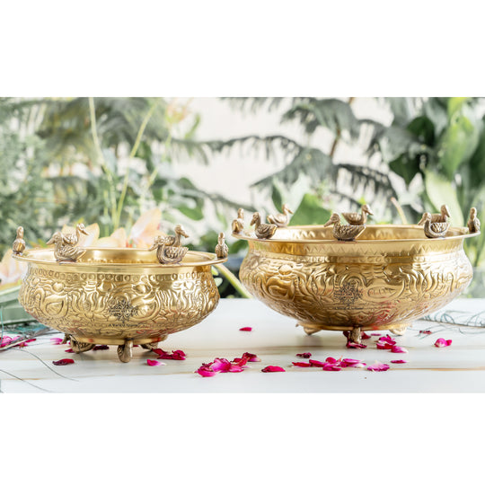 Brass Urli with Duck & Lotus Design – Traditional Decor