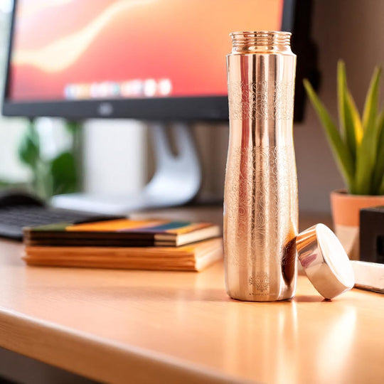 Copper Bottle with Curved Shape & Lacquer Embossed Design – 900ml