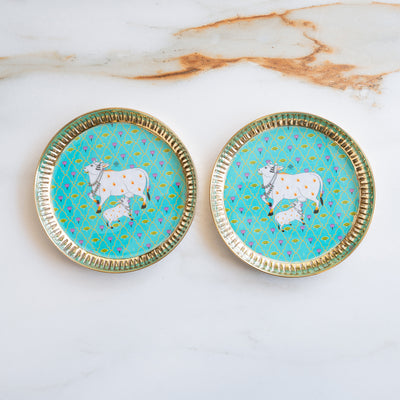 Brass Thali With Pichwai Kamdhenu Print Set Of 2
