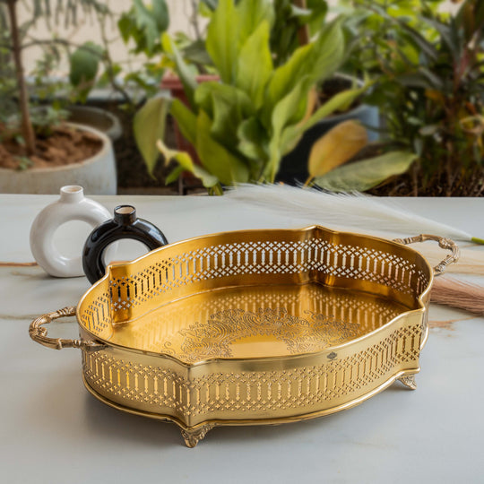 Handmade Pure Brass Matt Oval Embossed Tray - Servware & Tableware