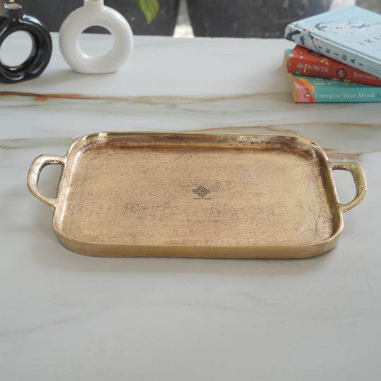Brass Finish Tray With Both Side Handle 14.5 Inches Length