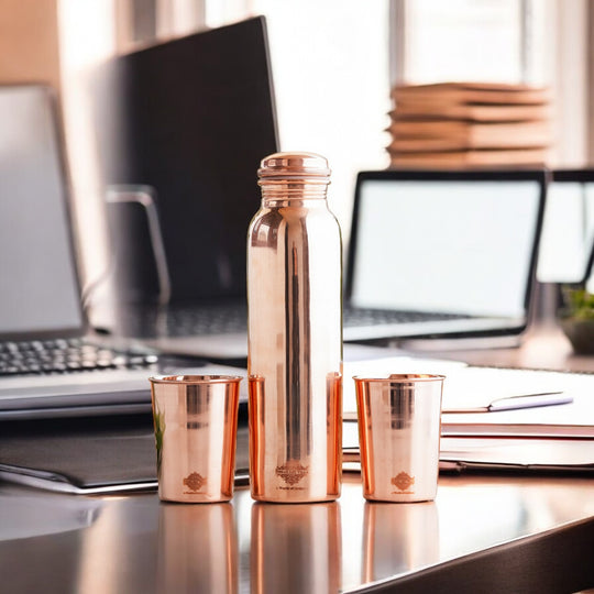 Pure Copper Glossy Look Leak Proof Water Bottle & Two Glasses with a Gift Box