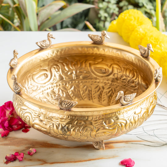 Brass Urli with Duck & Lotus Design – Traditional Decor