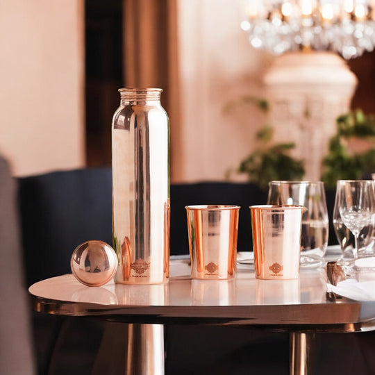 Pure Copper Glossy Look Leak Proof Water Bottle & Two Glasses with a Gift Box