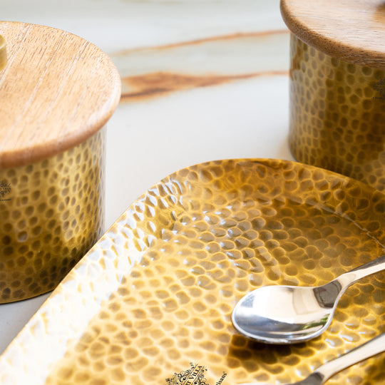 Hammered Aluminium Condiment Bowl Set with Wooden Lid and Brass Spoons