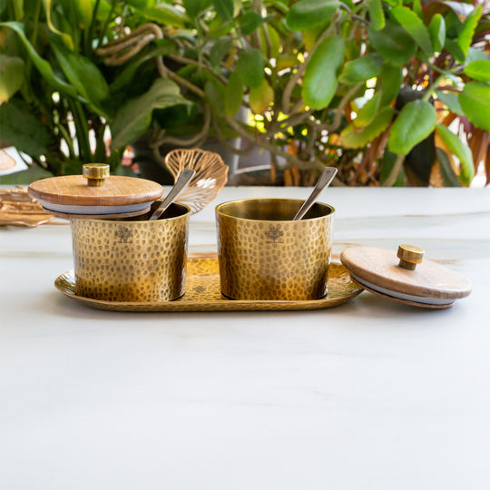 Hammered Aluminium Condiment Bowl Set with Wooden Lid & Brass Spoons