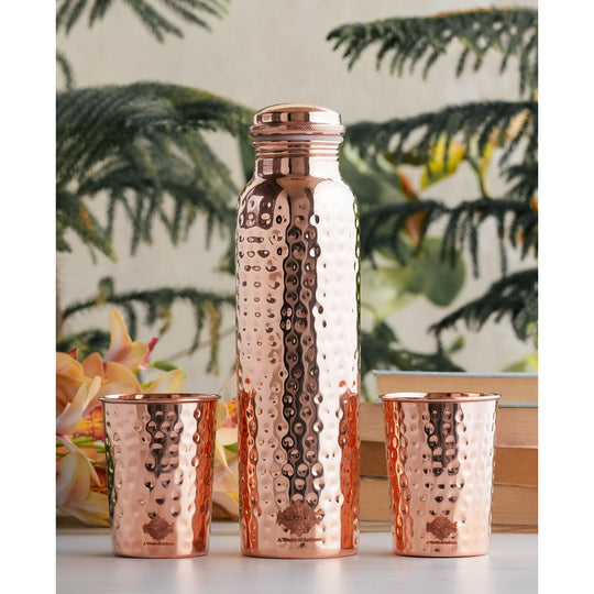 Pure Copper Hammered Leak Proof Water Bottle & Two Glass