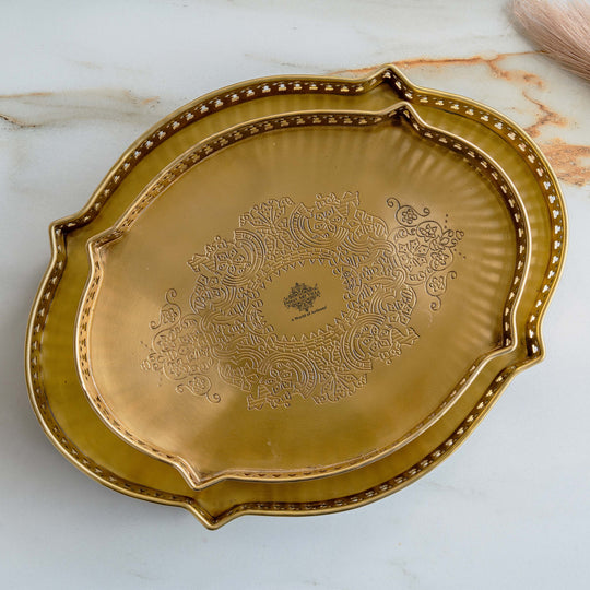 Handmade Pure Brass Matt Oval Embossed Tray - Servware & Tableware