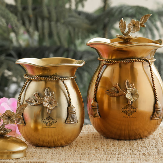 Brass Decorative Handi with Tie Design on Neck and Flower Design Lid