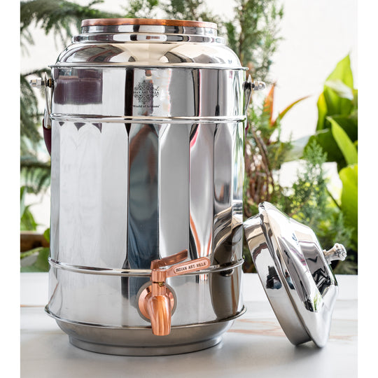 Side view of 5L copper dispenser showing diamond raised texture and tap placement – copper matka with tap