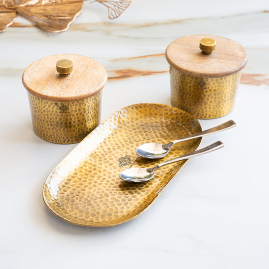 Hammered Aluminium Condiment Bowl Set with Wooden Lid & Brass Spoons