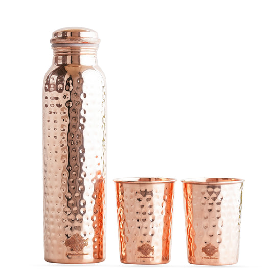 Pure Copper Hammered Leak Proof Water Bottle & Two Glass