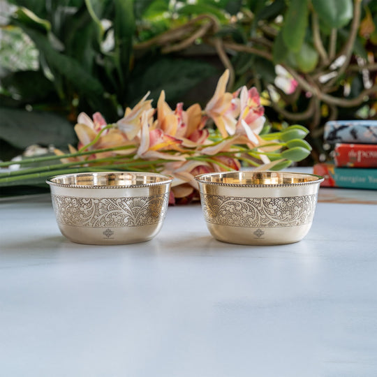 Pure brass embossed flat bottom bowl 200 ML side view — Indian Art Villa