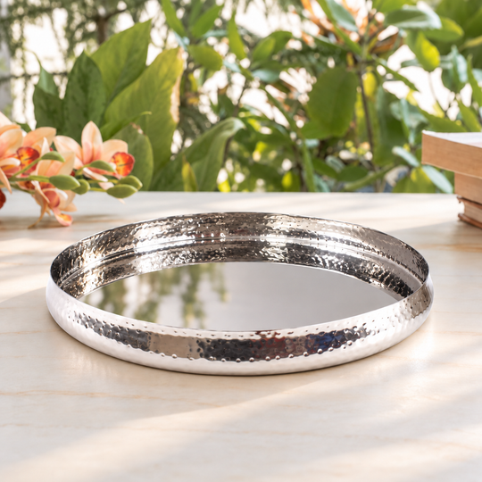 Pure Steel Thali With Hammered Curved Design - 33 CM — Indian Art Villa