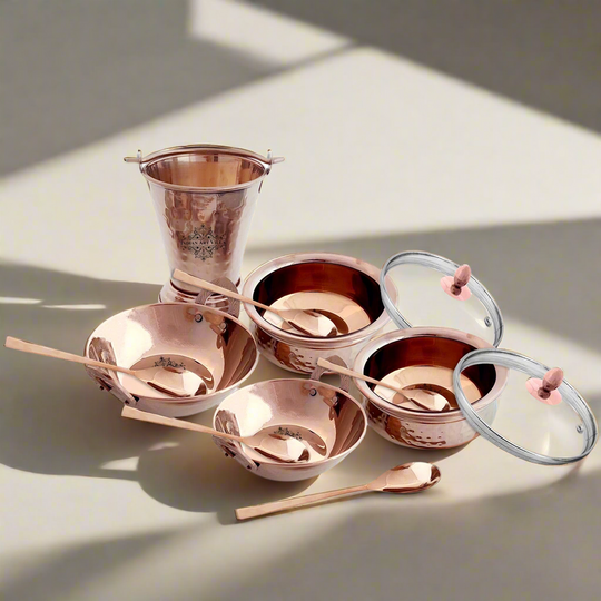 Rose gold steel hammered tableware gift set 10 pieces side view — Indian Art Villa