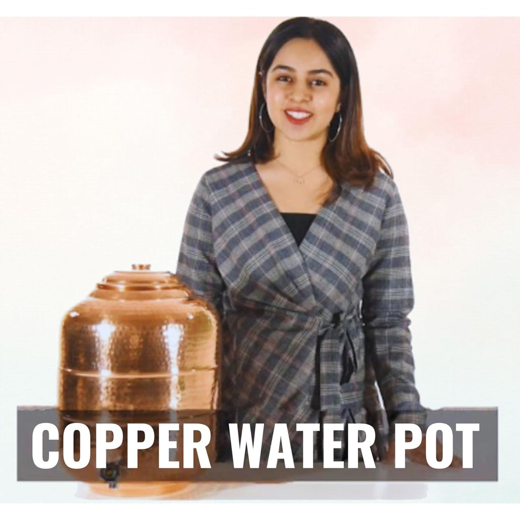 Copper Hammered Water Pot Tank Dispenser with Handle Water Storage Home Hotel Garden Good Health Benefit Yoga Ayurveda