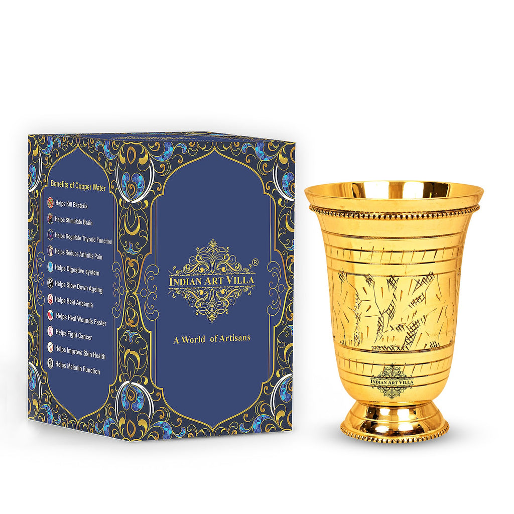 Indian Art Villa Pure Brass Flower Design Glass Tumbler Cup With Bottom 250 ML
