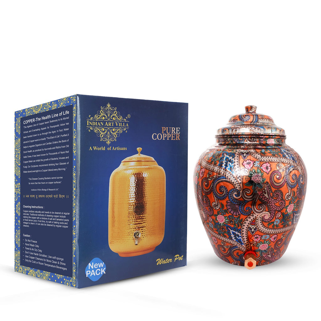 Indian Art Villa Pure Copper Arabic Design Orange Water Pot