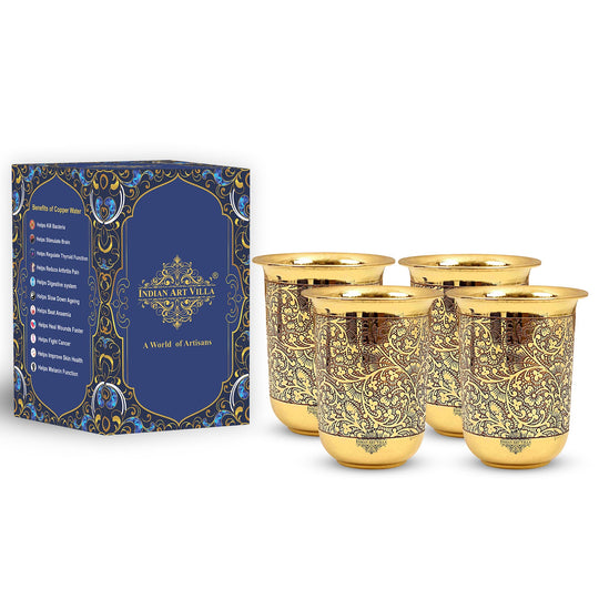 This brass glass set with curved embossed design is perfect for gifting at weddings offering a blend of tradition and luxury