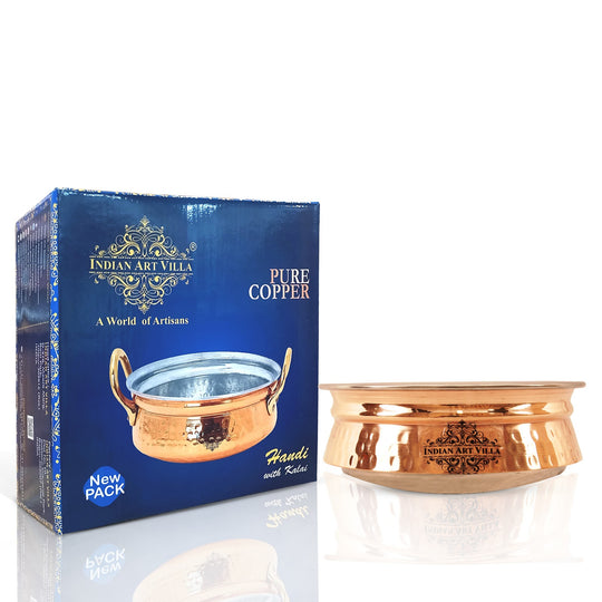 Authentic hammered copper handi bowl with polished steel interior, perfect for kitchens and homes by Indian Art Villa.
