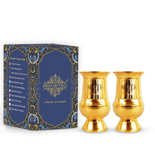 Elegant Brass Glass with gold vertical linings ideal for home décor or gifting on special occasions from Indian Art Villa.
