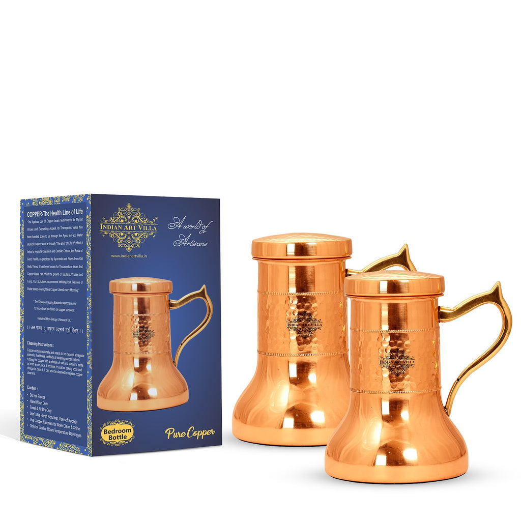 Indian Art Villa Copper Lacquer Coated Bedroom Bottle With Handle Hammered Smooth Design DrinkWare Storage Purpose 1200 ML
