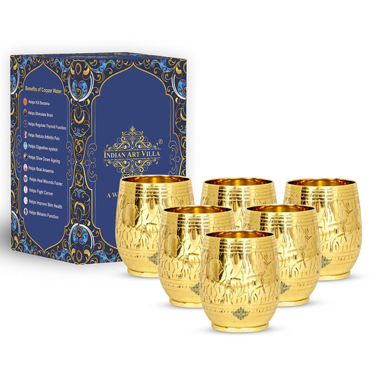 Nature’s beauty captured in the detailed leaf engraving on this brass glass set an exquisite piece for drinkware collection.