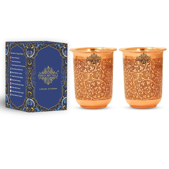 Pure Copper Embossed Design Curved Glass Tumbler 210 ML