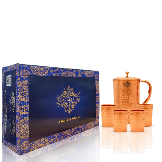 Luxury Hand-Hammered Copper Jug Set – Indian Art Villa Wellness Gift Combo with 4 Matching Tumblers