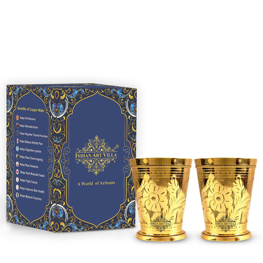 Designer brass glass set for drinking water supports healthy routine and enhances your tableware by indian art villa